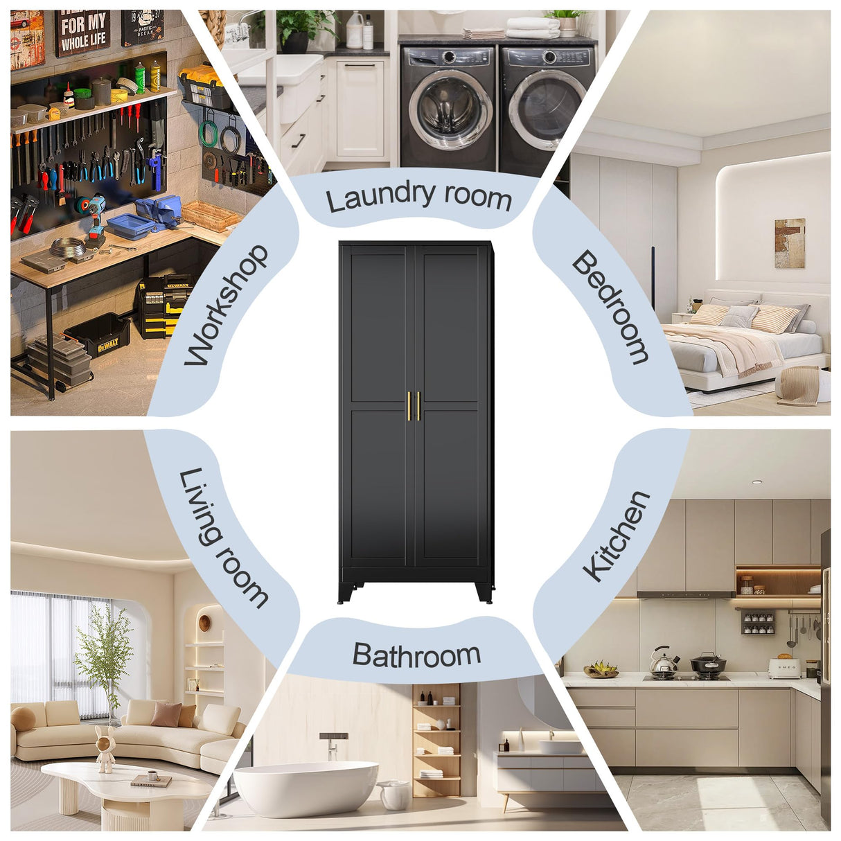 RISTERN Black Metal Storage Cabinet,75" Steel Cabinets for Home Office, Kitchen Pantry Storage Cabinet with Doors and 5 Adjustable Shelves, Tool Cabinets, for Office, Home, Garage, School RISTERN