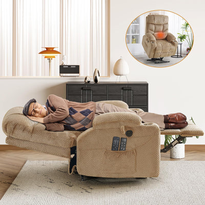 CDCASA Oversized Dual Motor Lay Flat Power Lift Recliner Chair with Massage, Heating, Textile Infinite Position Large Recliner Chairs for Big & Elderly People, Lumbar Pillow, USB & Type-C Ports, Beige