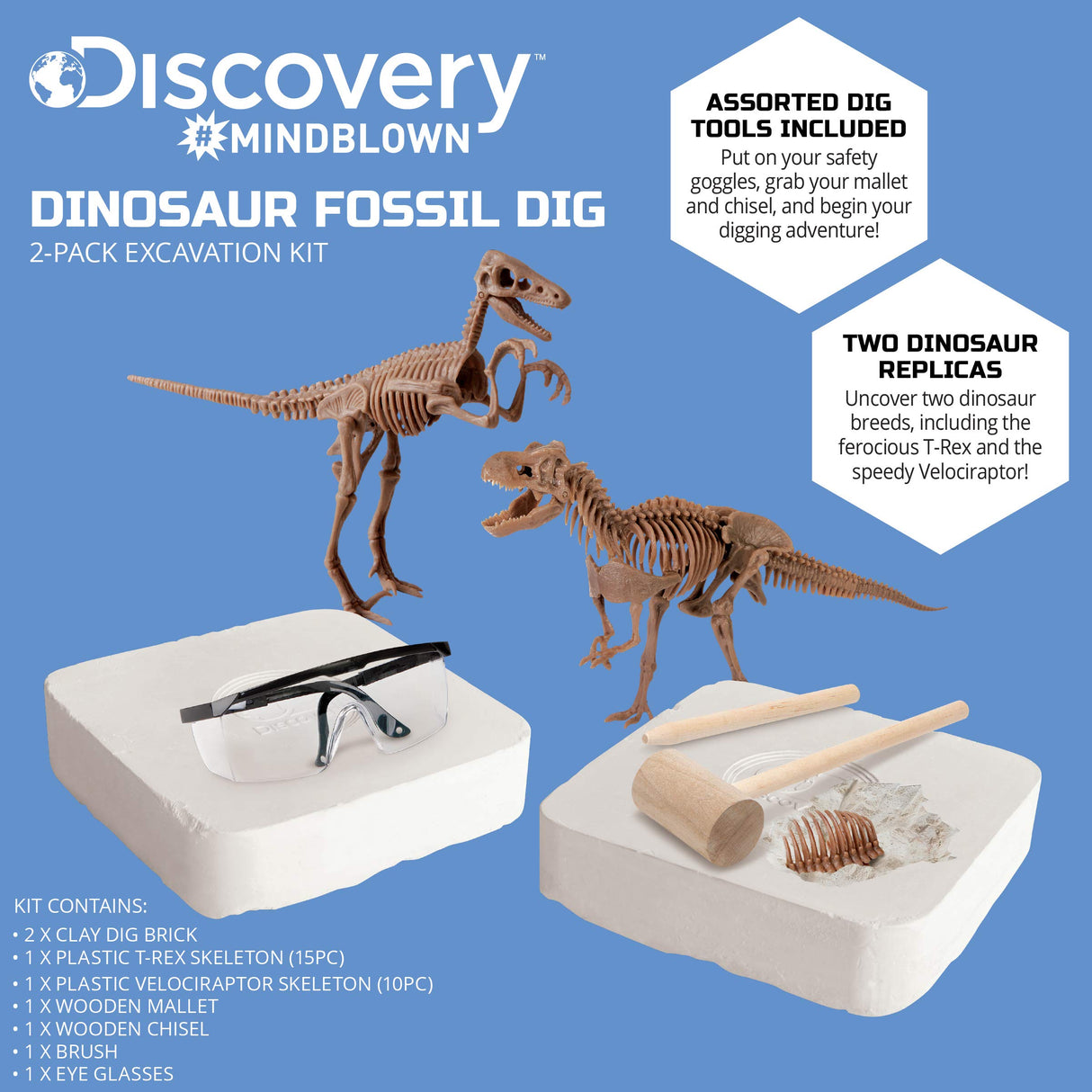 Discovery™ Dinosaur Fossil Dig Excavation Kit, 15-Piece T-Rex & 10-Piece Velociraptor, 3D Skeleton Puzzle Display Models, Includes Tools & Safety Glasses, Jurassic Dino Toy for Kids Discovery Kids