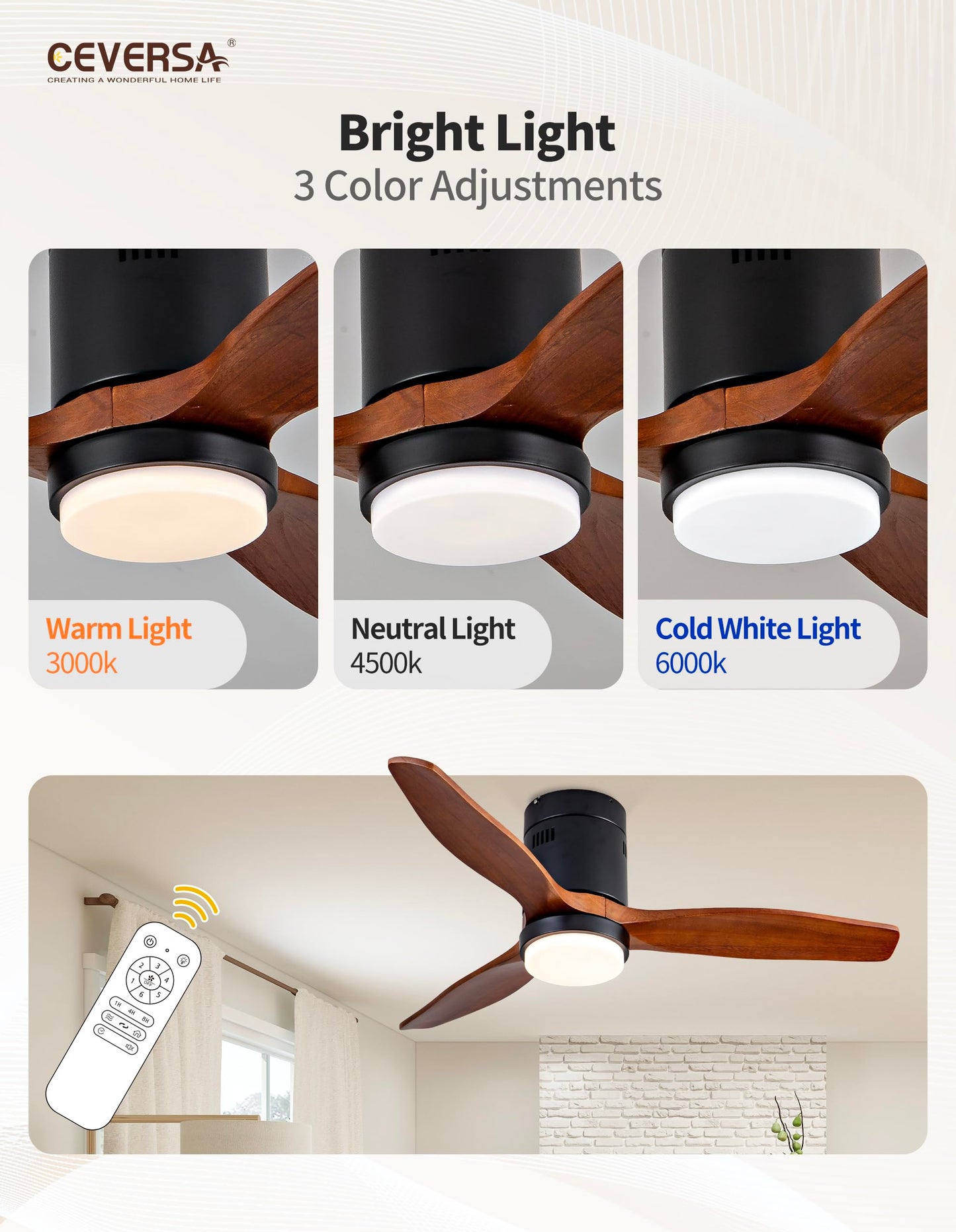 Ceversa 42 Inch Solid Wood Low Profile Ceiling Fan with Light and Remote Control,3 Blades Flush Mount Ceiling Fan,Easy Installation Walnut Hugger Ceiling Fan for Living Room Bedroom Farmhouse Indoor