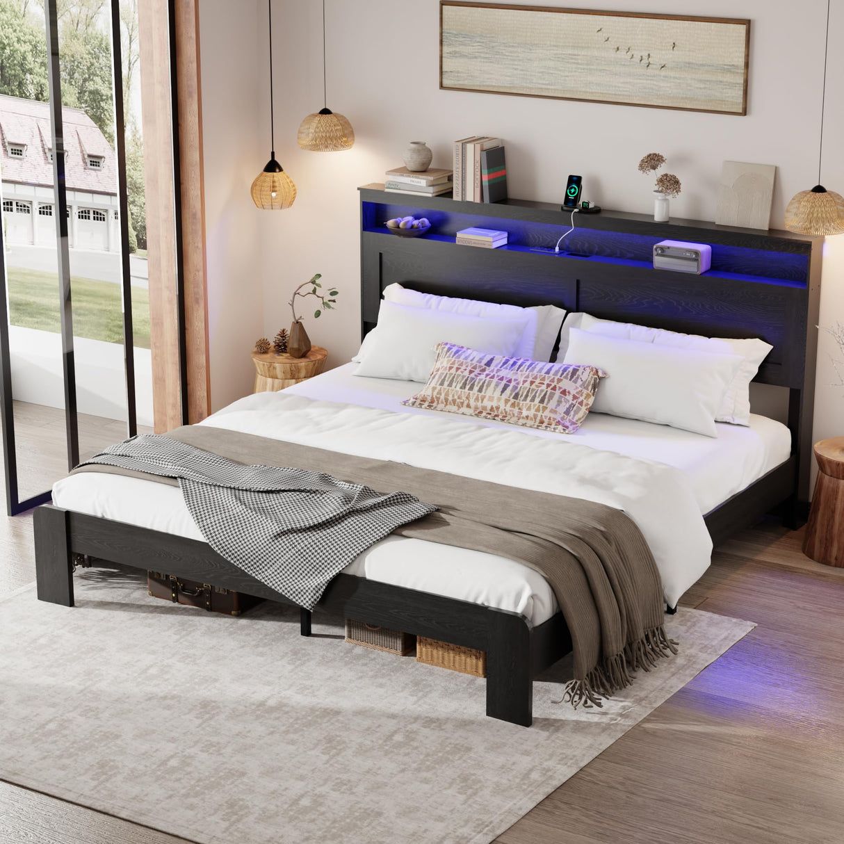 madeslves Wooden Bed Frame King Size with Storage Headboard, Rustic Platform Bedframe with LED Lights & Charging Station, Sturdy Metal Slats Support, Noise-Free, No Box Spring Needed, Black madeslves