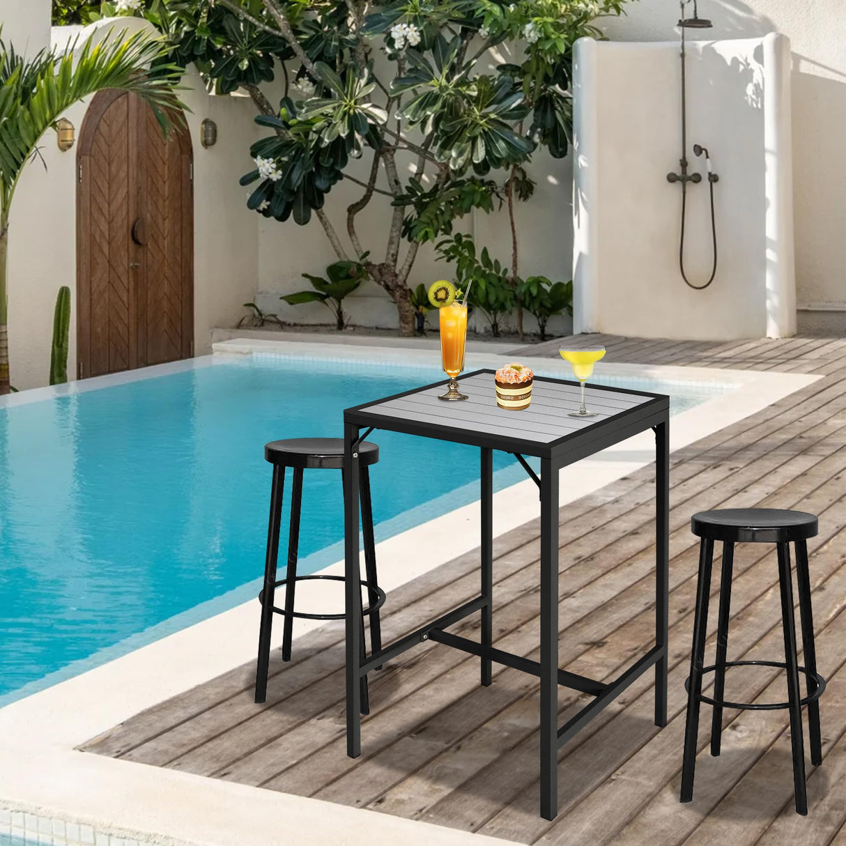 LZRS Outdoor Bar Table – 23.6" Square Heavy-Duty Steel Frame with Weather-Resistant HDPS Top,Durable Patio Bar Table for Garden, Balcony, Poolside, Grey LZRS