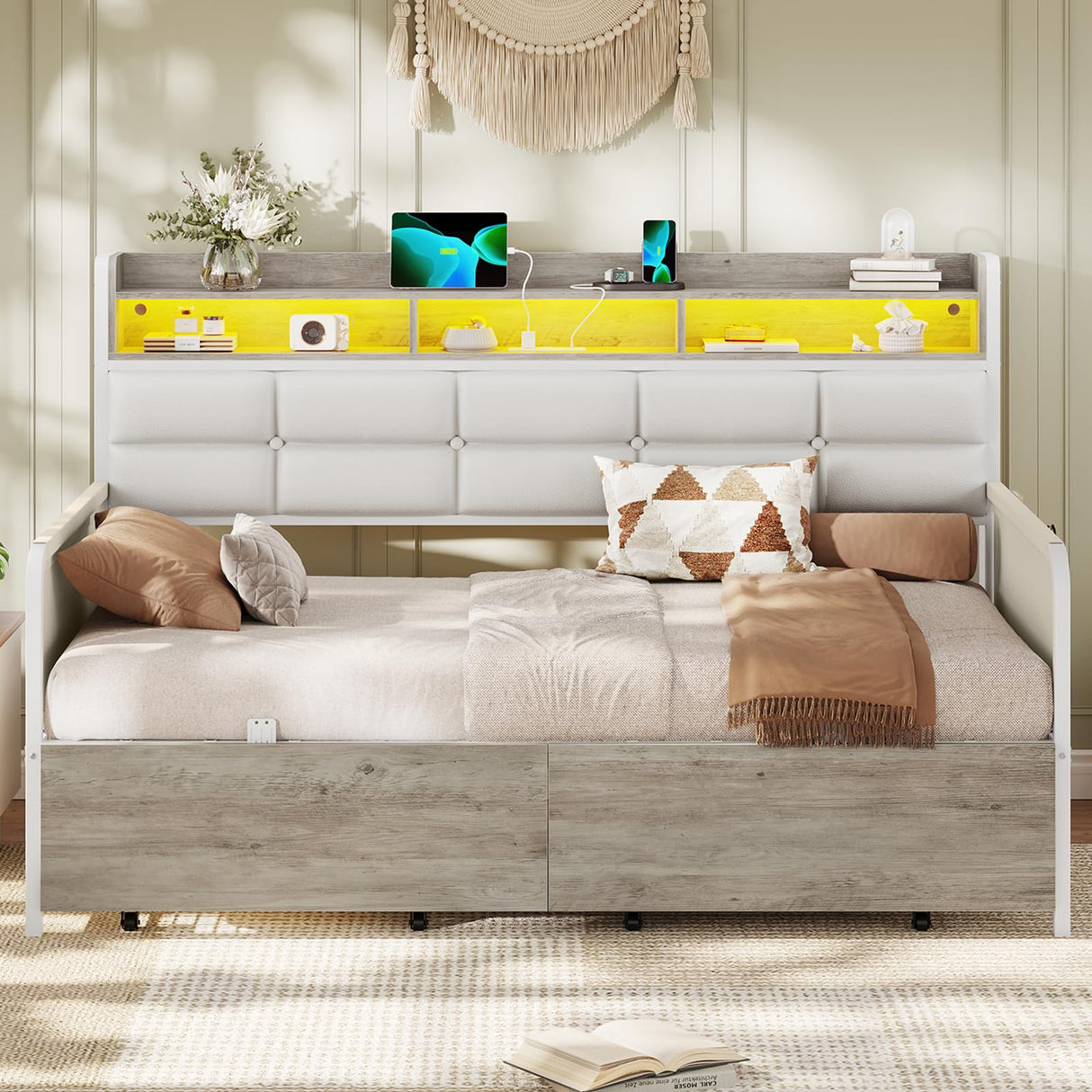 VIAGDO Daybed Twin Size with 2 Storage Drawers and Charging Station, Metal Day Bed Frame Twin with Shelf Headboard and LED Lights, Twin Corner Bed Frame for Living Room, Bedroom, Guest Room, White VIAGDO