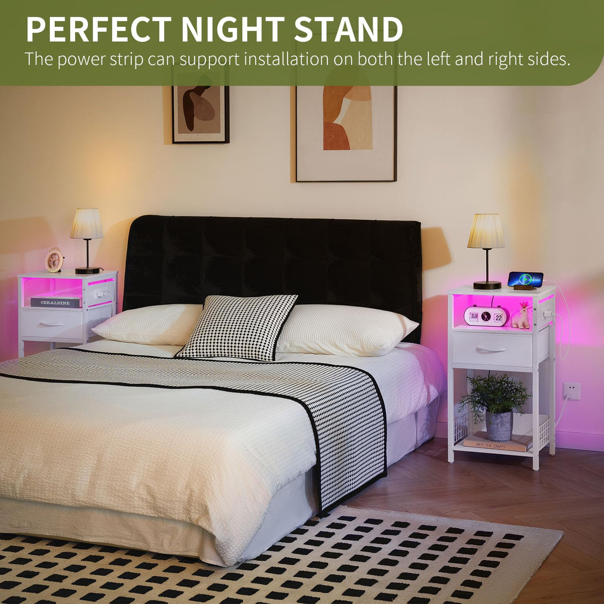 Yoobure Side Table - Night Stand with Charger Station & LED Light, 3 Tier Small End Table Living Room, Bedside Table with Drawer, Record Player Stand with Vinyl Storage, White Nightstand for Bedroom Yoobure