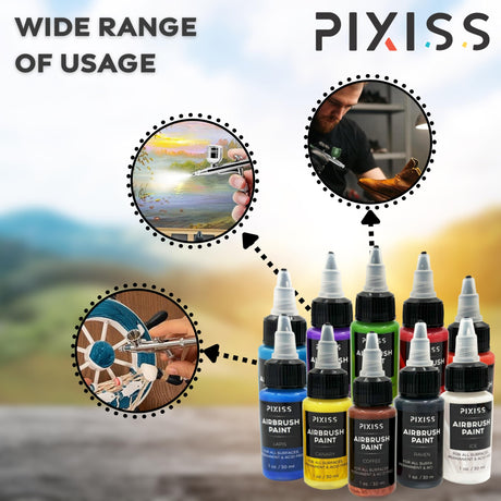 Pixiss Air Brush Painting Set - 10 Colors of Acrylic Paint for Airbrush Kit - Acrylic Airbrush Paint Set for Model Paint Kit - Vibrant Pigments for Various Surfaces Pixiss