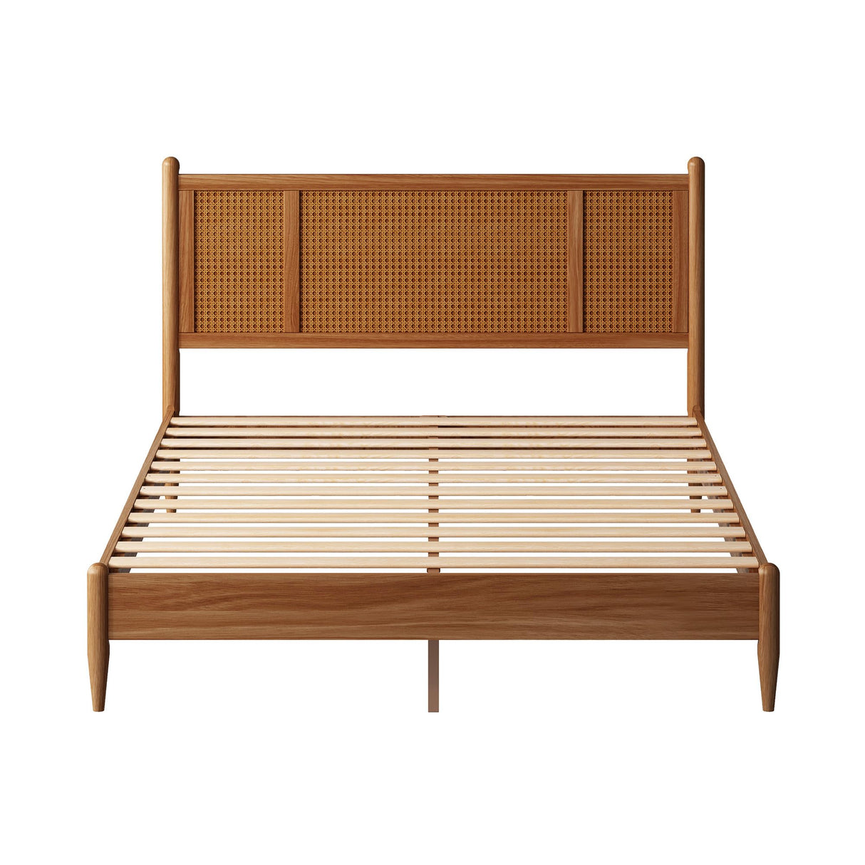 MUSEHOMEINC Wooden Full Size Bed Frame with Natural Rattan Headboard Bohemian Mid Century Modern Style Solid Wood Slat Support Full Platform Bed No Box Spring Needed - Easy Assembly (Full) MUSEHOMEINC