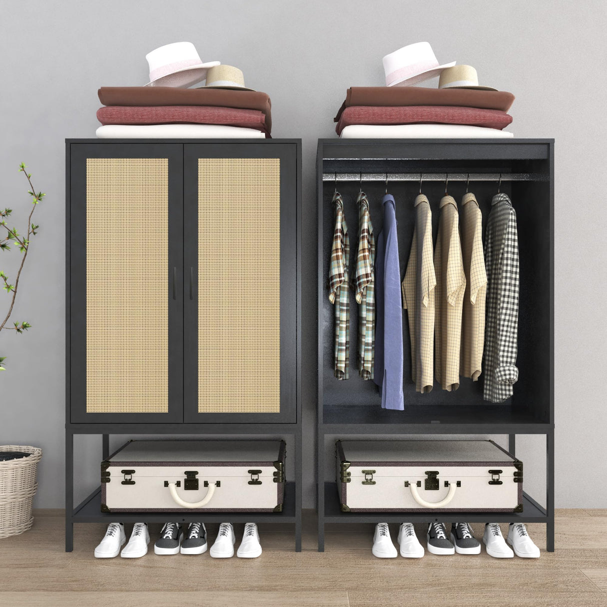 Gyger Wardrobe Closet with 2 Doors，Rattan Bedroom Armoires with Hanging Rod Freestanding Wooden Wardrobe Cabinet with Shelves,Black Gyger