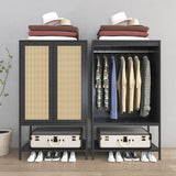 Gyger Wardrobe Closet with 2 Doors，Rattan Bedroom Armoires with Hanging Rod Freestanding Wooden Wardrobe Cabinet with Shelves,Black Gyger