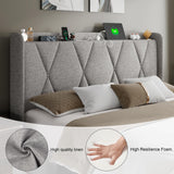 Feonase Full Bed Frame with 4 Storage Drawers, Upholstered Button Tufted Storage Headboard with Fast Charging Station, Heavy Duty Slats Support, No Box Spring Needed, Noise-Free, Light Grey Feonase