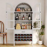 ONBRILL 71" Tall Wine Bar Cabinet, Arched Storage Cabinets with Door, Whiskey Station with Wine Rack and Glass Holder, Liquor Bar Cabinet for Home Kitchen Living Dining Room (Off White) ONBRILL