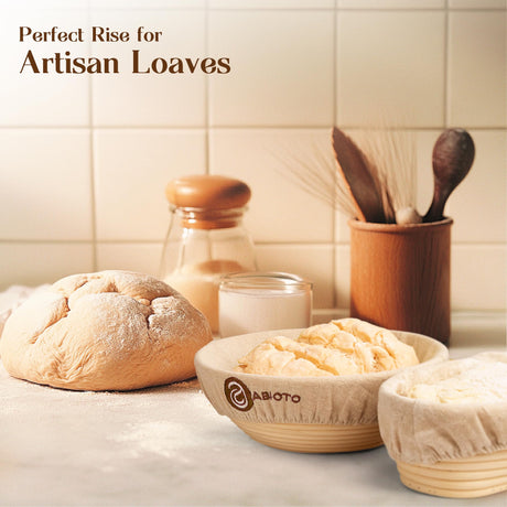 ABIOTO Bread Proofing Baskets for Sourdough Bread Baking - Set of 2 9" Round Banneton Baskets with Liners, Made of Finest Indonesian Rattan - Bake Perfect Artisan Bread Loaves at Home Like a Pro ABIOTO