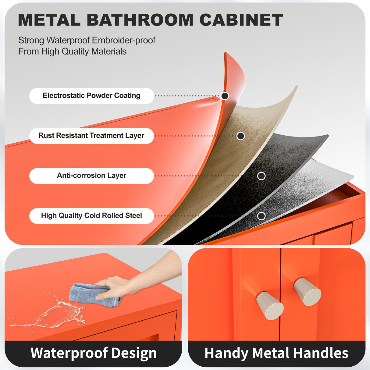 YAUWOH Orange Metal Bathroom Storage Cabinet, Small Metal Locker Storage Cabinet with 2 Adjustable Shelves and 2 Doors,Freestanding Sideboard for Small Spaces, Living Room, Dining Room YAUWOH