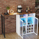 amzzar Wine Bar Cabinet with LED Lights, Small Liquor Cabinet for Home with Glass Holders and Wine Racks, Mini Home Bar with Power Outlet, Modern Rotating Coffee Bar Table for Office (White) amzzar
