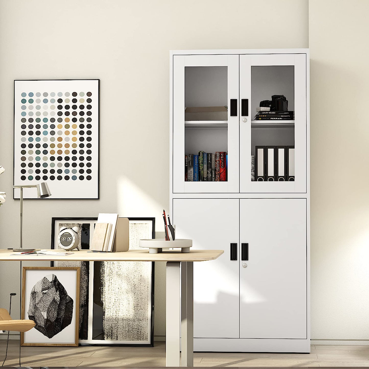 Letaya Storage Cabinet with Doors and Shelves,71" Steel Locker Acrylic Glass Door with Lock, for School Home Office - WoodArtSupply