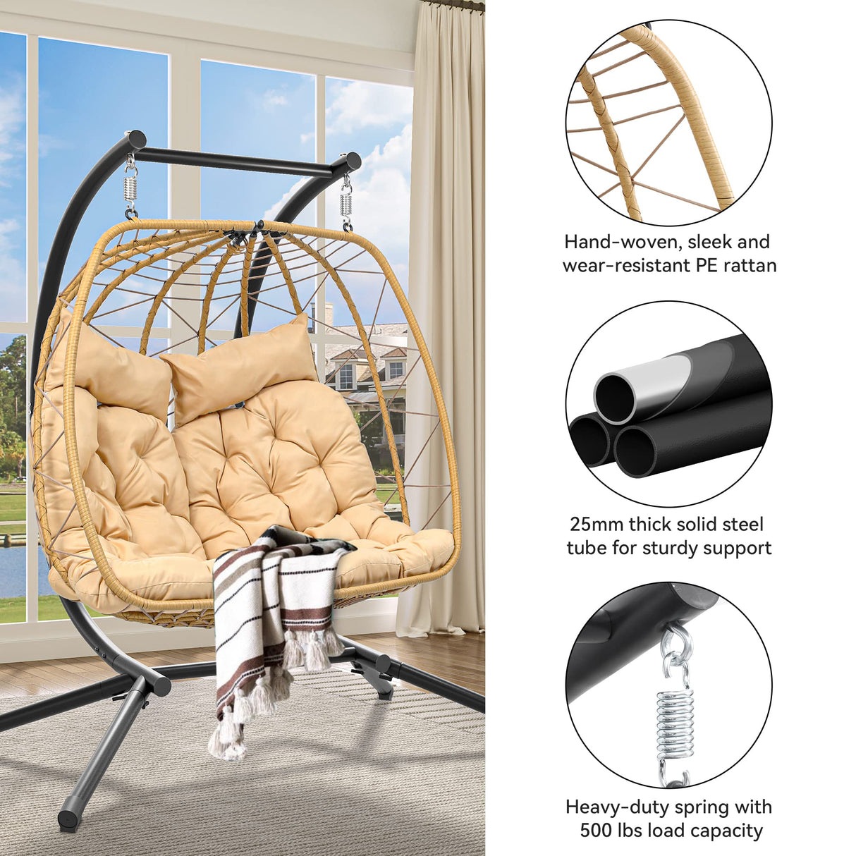 YITAHOME Hanging Egg Chair Swing Chair with Stand Double Egg Chair, 2 Person Wicker Chair Outdoor Indoor Hammock Egg Chair with Cushions 500lbs for Patio, Garden, Bedroom and Balcony, Beige YITAHOME