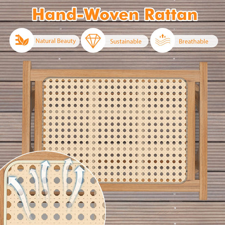 Tangkula Ottoman Footstool, Natural Teak Wooden Foot Rest with Handwoven Rattan for Living Room Bedroom Office, 14" H, Indoor (1) Tangkula