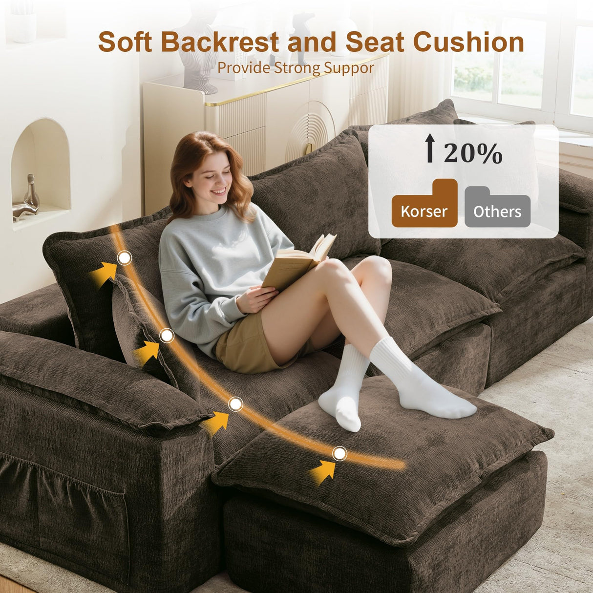 Korser 122" Sectional Couches for Living Room, Modular Boneless Couch with Deep Seat & Fluffy Cushion, Cozy Double-Layer Cushioned Sofa with Convertible Ottoman, Comfy Cloud Sofa, No Assembly Required Korser