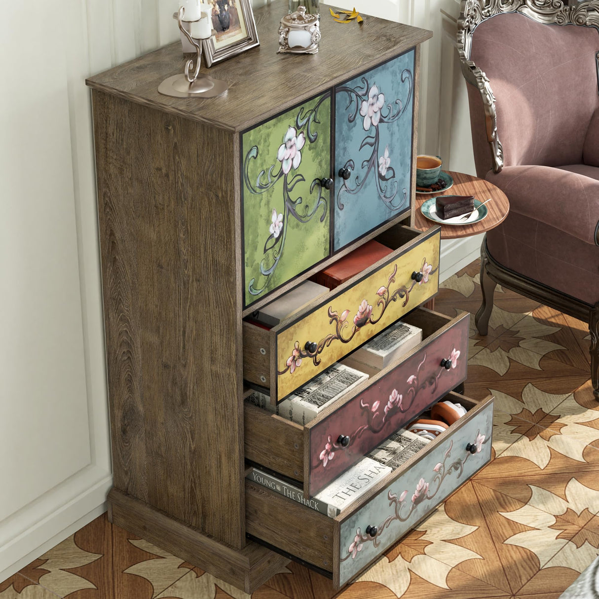 finetones Wood Dresser Chest of Drawers, Tall Dresser Boho Dresser with Drawers and Doors, 16.1D x 23.6W 42.3H Inch Wood Dresser Accent Dresser for Home Office finetones