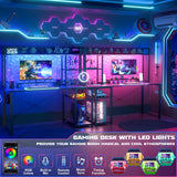 Cyclysio Gaming Desk with Hutch, 47'' Computer Desk with LED Lights & Power Outlets, Home Office Desk with Reversible 5 Tiers Storage Shelves & Monitor Stand, Small Gaming Table for Small Space, Black Cyclysio