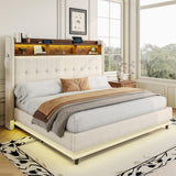 Jocisland Queen Size Bed Frame with Hydraulic Lift Up Storage, 53.1" H Built-in Bookcase & RGB LED Headboard, Velvet Upholstered Wingback Design, No Box Spring Needed, Cream Jocisland