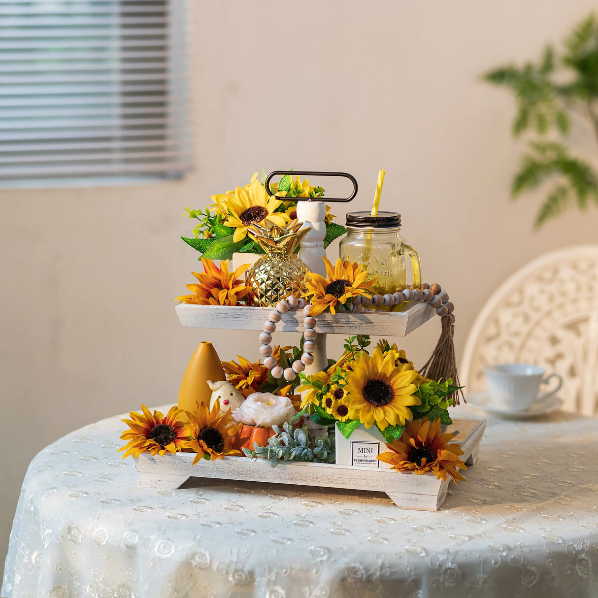 Hanobe Farmhouse Tiered Tray Stand: Rustic White Wood 2 Tier Serving Tray Decor Two Rectangle Wooden for Kitchen Counter Centerpieces Coffee Bar Easter Fall Halloween Thanksgiving Christma Hanobe