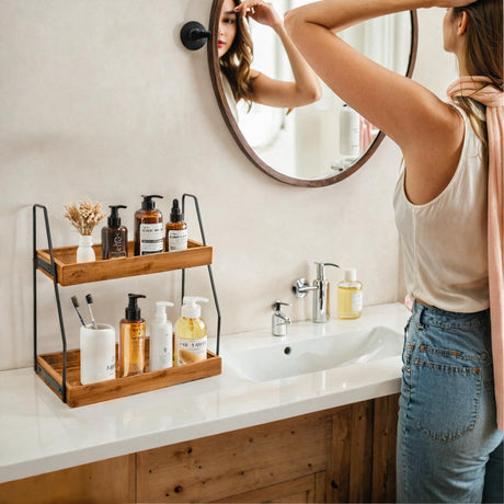 Acacia Bathroom Organizer Countertop 13.6 x 14 x 6.7 inches, 2-Tier Wood Counter Standing Rack, Countertop Storage Shelf for Organizing Bathroom Kitchen Office Desk Vanity Cosmetic Balcony Demigo