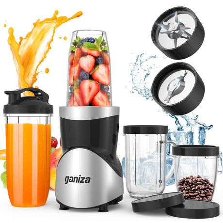 Ganiza Smoothie Blender, Blender for Shakes and Smoothies, 15-Piece Personal Blender and Grinder Combo for Kitchen, Smoothies Maker with 4 BPA-Free Portable Blender Cup, Nutritious Recipe, MAX 900W Ganiza