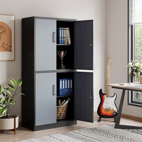 STANI Metal Storage Cabinet, Locking Steel Storage Cabinet with 4 Doors and 2 Adjustable Shelves, 71" Steel Lockable File Cabinet, Tall Steel Cabinet for Home Office,Garage,School STANI