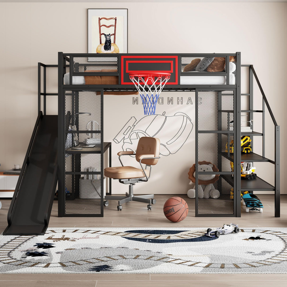 Polibi Full Size Metal Loft Bed with Built-in Desk,Open Wardrobe,Basketball Hoop,Slide and Staircase,Space-Saving Design for Small Rooms(Black) Polibi