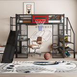 Polibi Full Size Metal Loft Bed with Built-in Desk,Open Wardrobe,Basketball Hoop,Slide and Staircase,Space-Saving Design for Small Rooms(Black) Polibi
