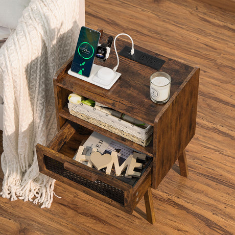 Lerliuo Rattan Nightstands Set of 2 with Charging Station, Boho Side Table with Drawer Open Shelf, Cane Accent Bedside End Table with Solid Wood Legs for Bedroom, Dorm and Small Spaces (Brown) Lerliuo