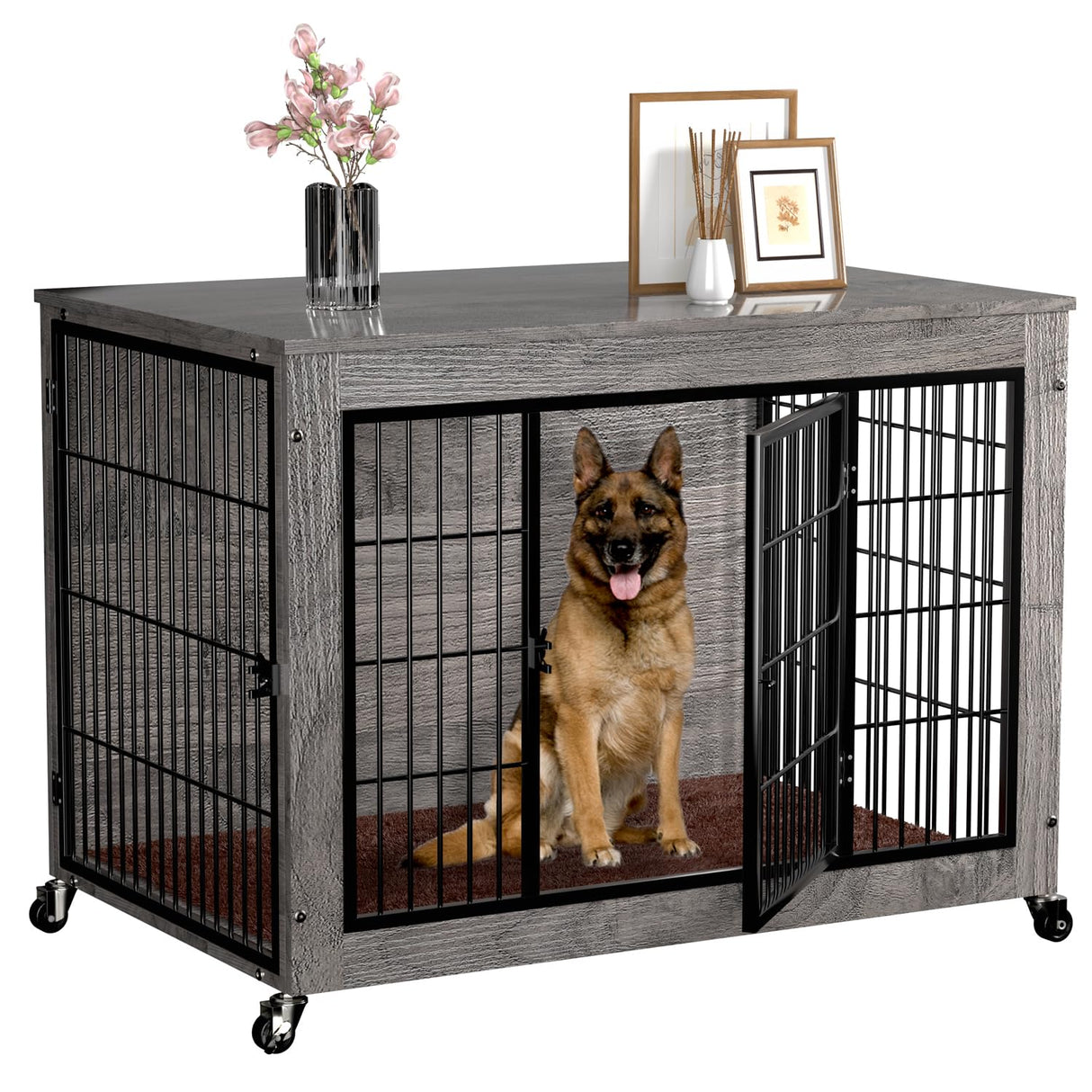 PRETZI Dog Crate Furniture with Cushion,38" Wooden Dog Crate nightstand with Double Doors, Grey Dog Kennel Indoor with Wheels, Decorative Pet Dog House for Small Medium Large Dog PRETZI
