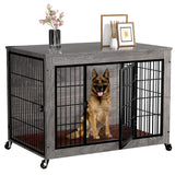 PRETZI Dog Crate Furniture with Cushion,38" Wooden Dog Crate nightstand with Double Doors, Grey Dog Kennel Indoor with Wheels, Decorative Pet Dog House for Small Medium Large Dog PRETZI