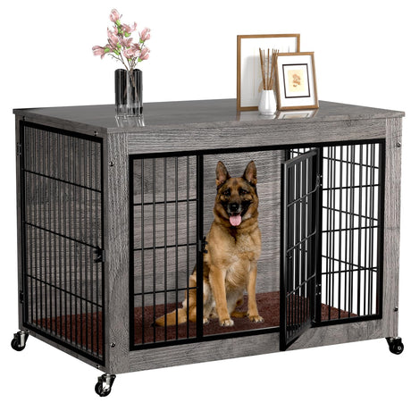 PRETZI Dog Crate Furniture with Cushion,38" Wooden Dog Crate nightstand with Double Doors, Grey Dog Kennel Indoor with Wheels, Decorative Pet Dog House for Small Medium Large Dog PRETZI