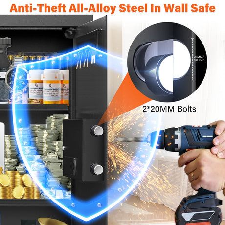Nebakne 25.6" Tall Fireproof Wall Safes Between The Studs 16" Centers, Hidden Wall Safe with 2 Removable Shelf & Hidden Tray, Heavy Duty Wall Mount Safe for Firearms, Money, Jewelry, Passport Black Nebakne