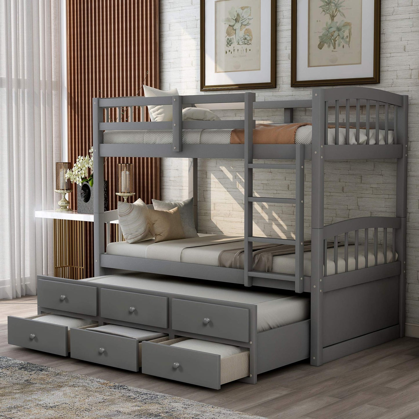 Harper&Bright Designs Twin Over Twin Bunk Bed with Twin Trundle Bed, 3 Storage Drawers, Safety Rail, and Ladder for Bedroom, Guest Room Furniture, Grey