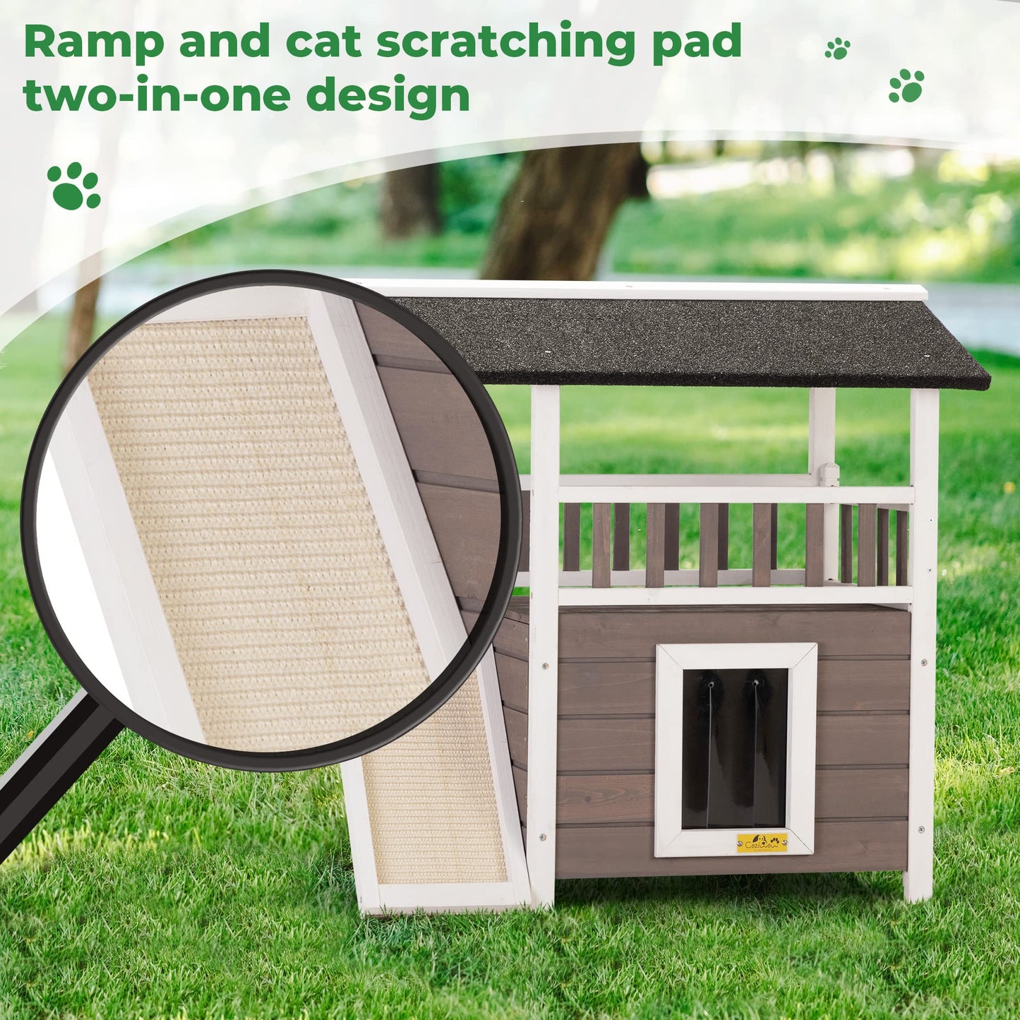 COZIWOW Outdoor Cat House, Wooden 2 Story Cat Scratcher House, Wood Cat Shelter Waterproof, Cat Enclosures Indoor with Openable Roof, Escape Door, Outside Cat Hideout for Feral Cats, Grey