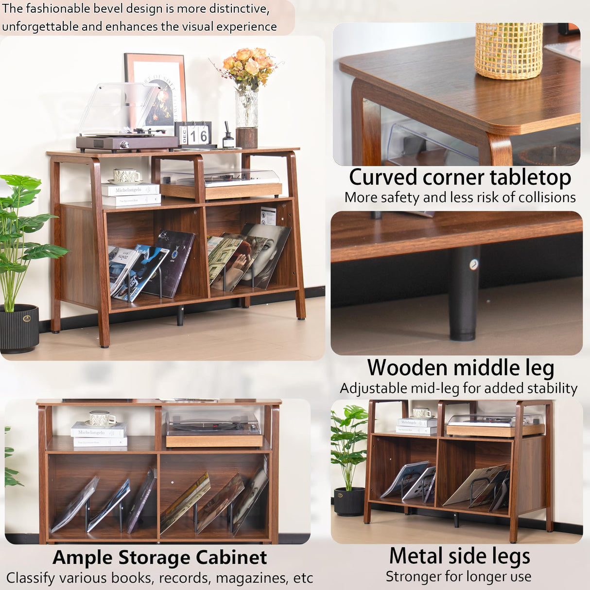 Mxtxmy Large Record Player Stand,Mid Century Turntable Stand Table with Open Storage Holds up to 300 Albums,Vinyl Record Storage Display Shelf for Living Room Bedroom (Walnut) Mxtxmy