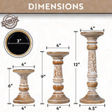 Pillar Candle Holders- Rustic White Hand Carved Mango Wood Candle Holders for Pillar Candles in Home, Living Room, Kitchen or Table Centerpiece Set of 3 Candlestick Holders- 6", 9", 12" for Home Decor Luxe Designs