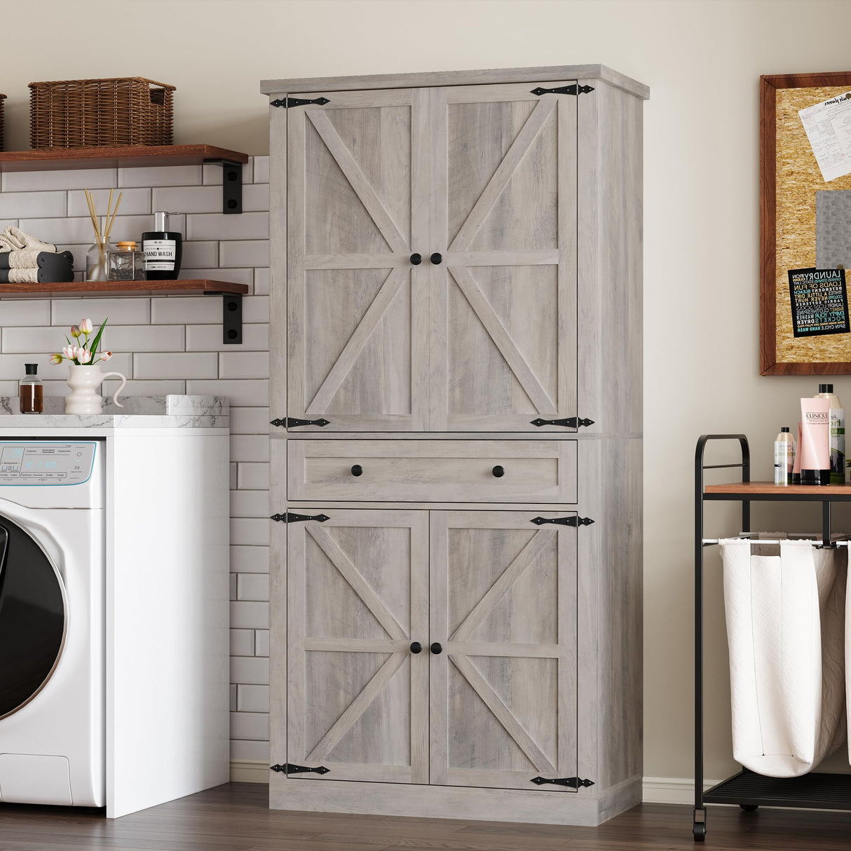 BORNOON Pantry Organizers and Storage Cabinet, 70” Barn Door White Kitchen Cabinet with Drawers and Adjustable Shelf, Tall Pantry for Kitchen, Dining Room, Living Room Bedroom BORNOON