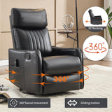 PELUMY Recliner Chair Swivel Rocking with Heat Massage - 360° Manual Recliner, 8-Point Vibrating & Lumbar Heat, Easy Assembly Chair for Living Room (Breathable Leather, Black) PELUMY