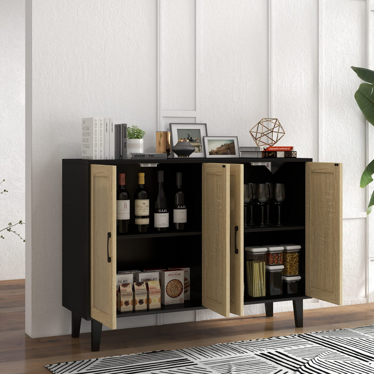 Panana Buffet Storage Cabinet with Rattan Decorating 4 Doors Living Room Kitchen Sideboard 48.43 x 34.65 x 15 inch (Black) Panana