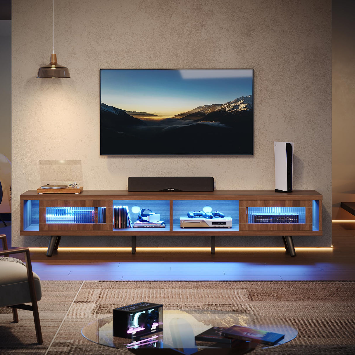 Bestier Mid Century Modern TV Stand for 75 inch TV, LED Entertainment Center with Storage and Sliding Doors, Low Profile TV Consoles for Living Room, Ancona Walnut Bestier