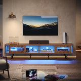 Bestier Mid Century Modern TV Stand for 75 inch TV, LED Entertainment Center with Storage and Sliding Doors, Low Profile TV Consoles for Living Room, Ancona Walnut Bestier