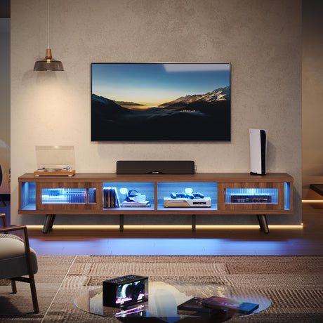 Bestier Mid Century Modern TV Stand for 75 inch TV, LED Entertainment Center with Storage and Sliding Doors, Low Profile TV Consoles for Living Room, Ancona Walnut Bestier