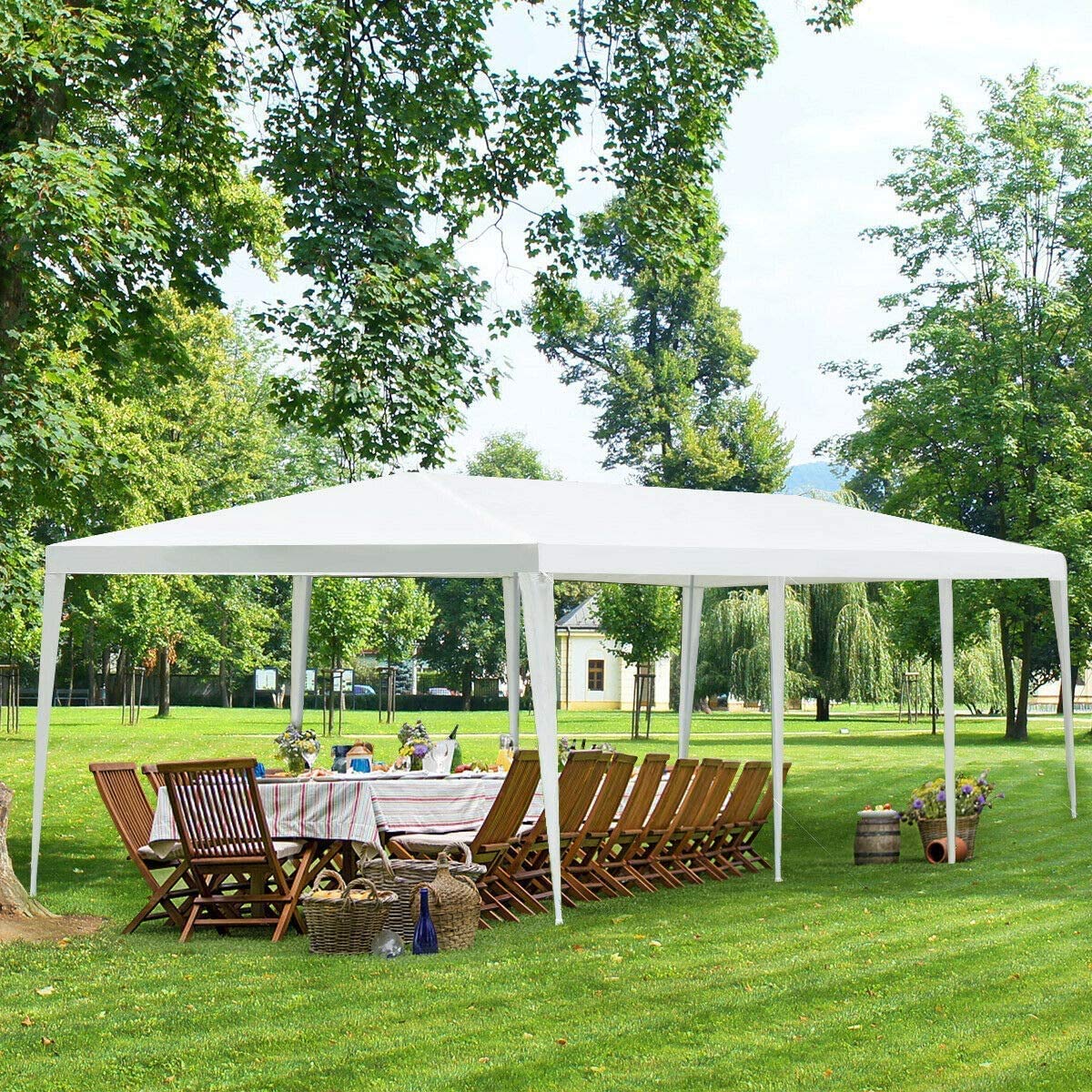 Tangkula 10 x 30 Feet Outdoor Canopy Tent, Wedding Party Tent with 16 Stakes & 8 Wind Ropes, Yard Enclosed White Tent for Events, Parties, Backyard - WoodArtSupply