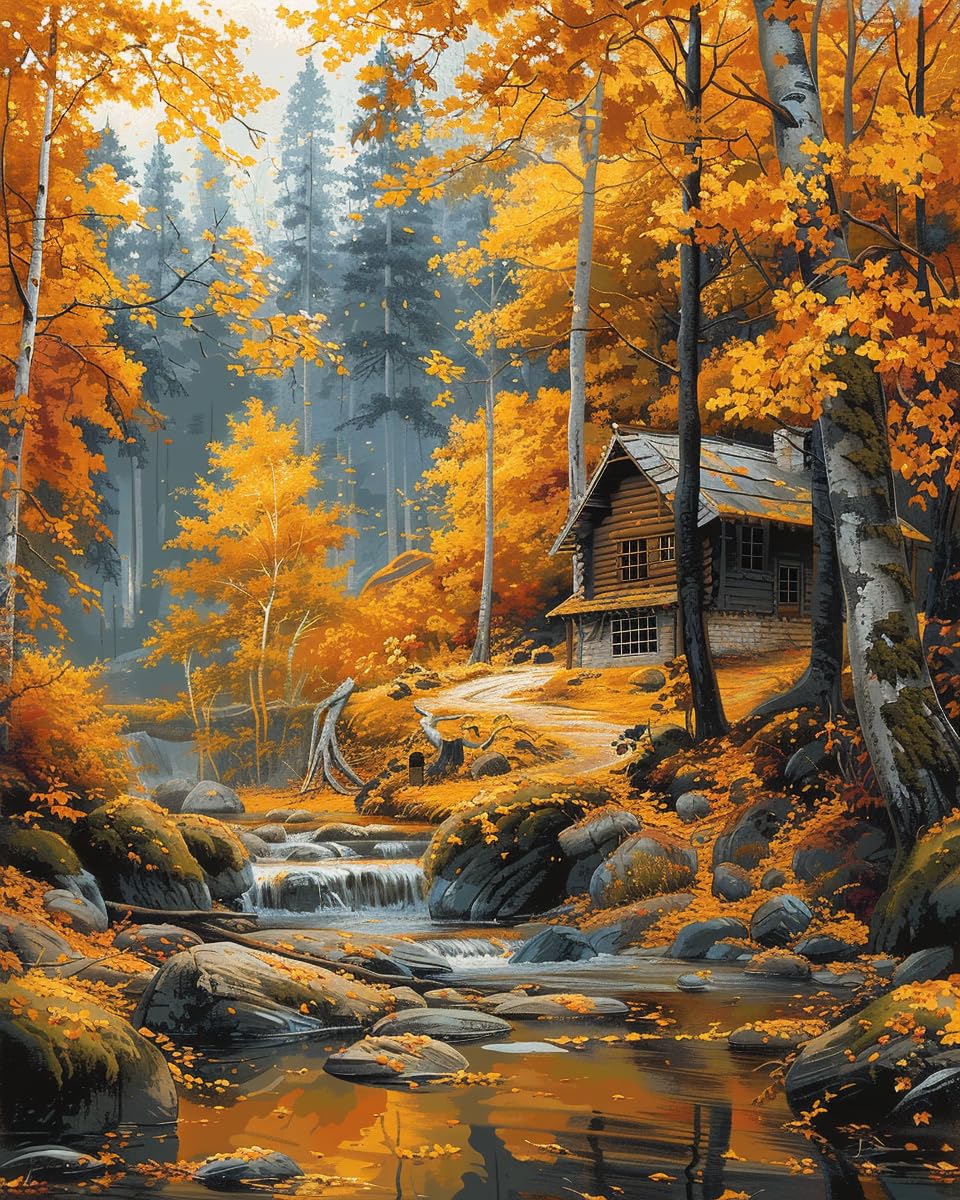 shinefly Paint by Numbers for Adults Beginners Home Acrylic Paint by Numbers Kits for Kids on Canvas 16x20 inch, Autumn Forest House shinefly