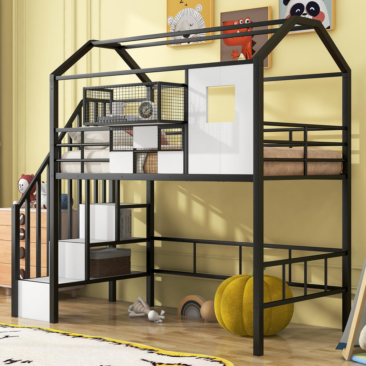 Bellemave Twin Loft Bed with Storage Stairs, Roof, Window and Guardrail, House Loft Bed Twin Size/Metal Loft Bed with Storage Box, Twin Loft Bed for Kids, Girls Boys, Twin Size House Loft Bed Black Bellemave