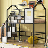 Bellemave Twin Loft Bed with Storage Stairs, Roof, Window and Guardrail, House Loft Bed Twin Size/Metal Loft Bed with Storage Box, Twin Loft Bed for Kids, Girls Boys, Twin Size House Loft Bed Black Bellemave