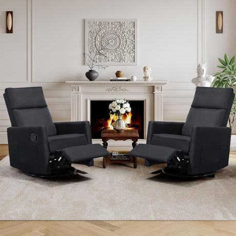LONWIK Swivel Rocker Recliner Chairs Set of 2, Upholstered Fabric Nursery Rocking Glider Chair with Adjustable Backrest and Footrest, Lay Flat Recliner Single Lazy Sofa for Living Room(Black) LONWIK